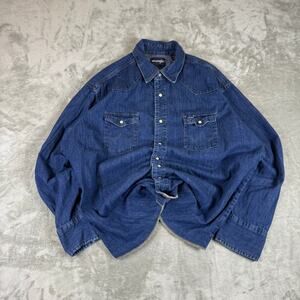 Vintage Wrangler Denim Pearl Snap Button Shirt Men's XXL Blue Western Cowboy